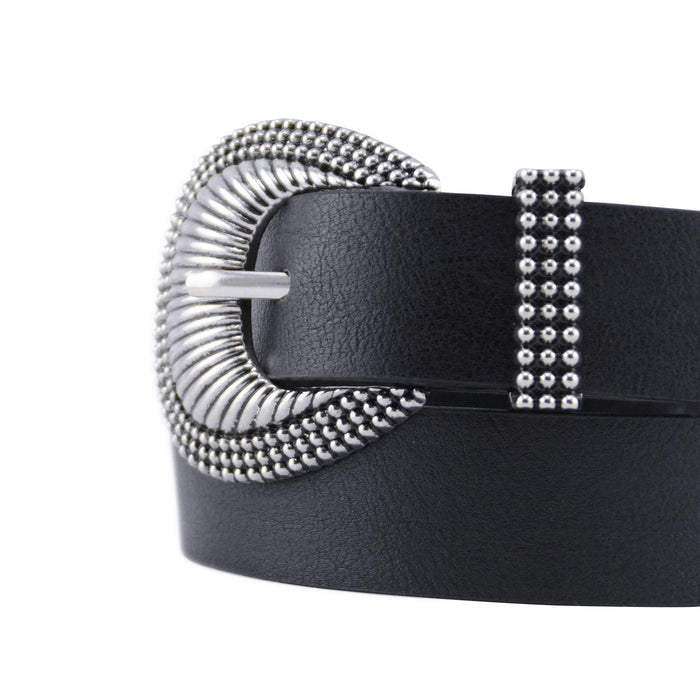 cinturon sintetico negro liso hebilla plateada concha pasador metalico 