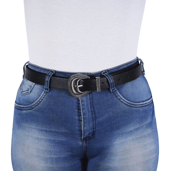 cinturon sintetico negro liso hebilla plateada concha pasador metalico modelo 