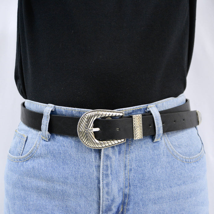 cinturon sintetico negro liso mujer correa hebilla texturizada modelo 3140