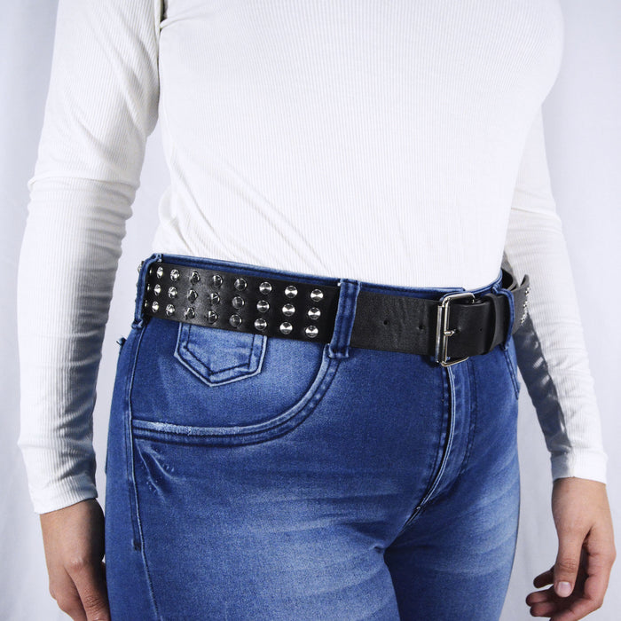modelo cinturon negro mujer sintetico tachas redondas correa 3231
