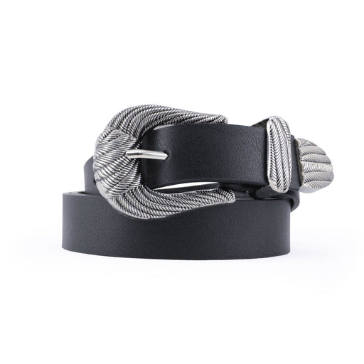 portada Cinturon sintetico liso negro hebilla vaquera texturizada plateada pasador metalico 