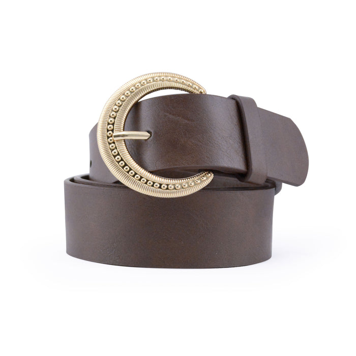 portada cinturon liso cafe sintetico hebilla semicirculo dorado texturizado 