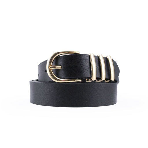 portada cinturon liso negro sintetico hebilla semicircular pasador metalico dorado 