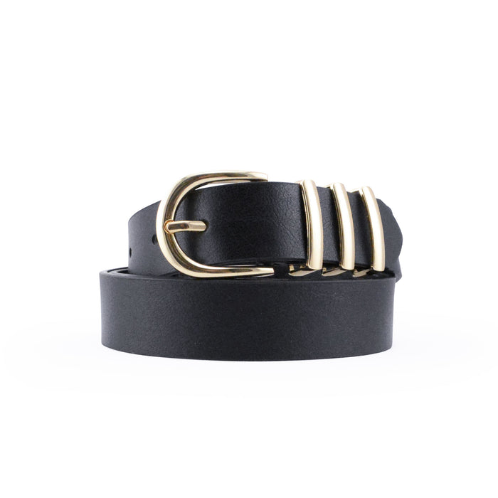 portada cinturon liso negro sintetico hebilla semicircular pasador metalico dorado 