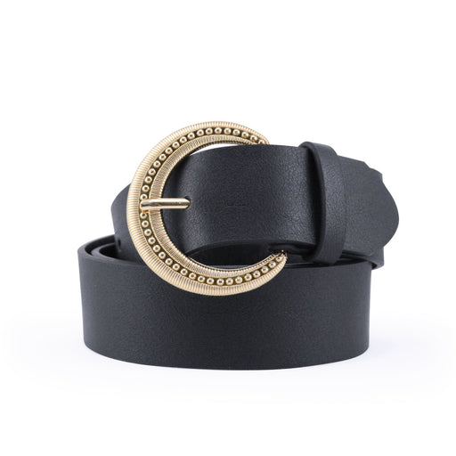 portada cinturon liso negro sintetico hebilla semicirculo dorado texturizado 