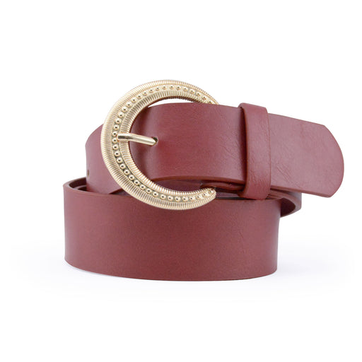 portada cinturon liso rojo sintetico hebilla semicirculo dorado texturizado