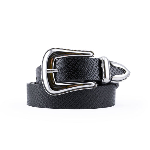 portada cinturon negro texturizado sintetico hebilla vaquera plateada pasador metalico 