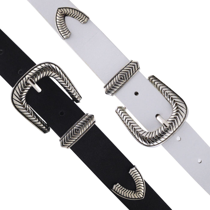 portada cinturon sintetico liso hebilla plateado correa blanco negro punta metal 3071