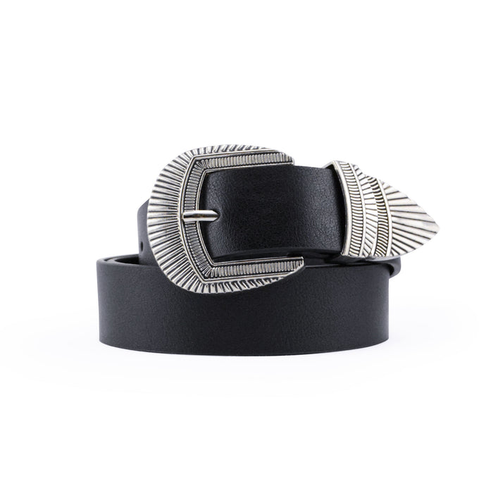  portada cinturon sintetico liso negro hebilla texturizada plateada punta pasador metalico 