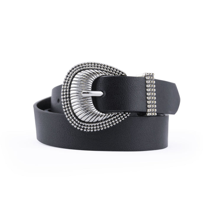 portada cinturon sintetico negro liso hebilla plateada concha pasador metalico 