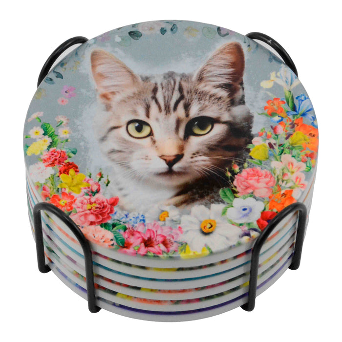 posavasos gato floral set ceramica base frente